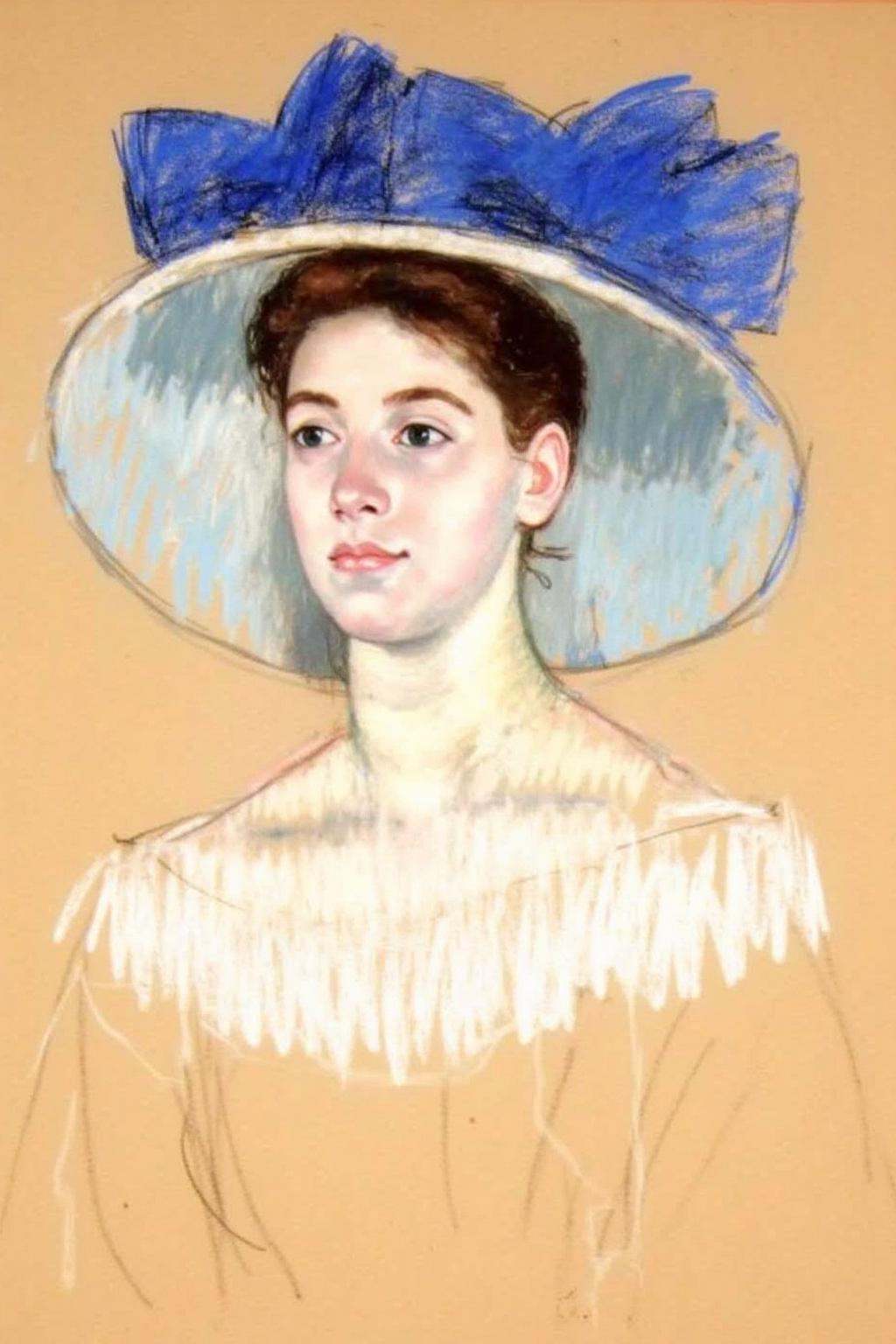 marycassatt2 drawing.A young woman is depicted with a serene expression. She has dark hair styled neatly under a large,  w...