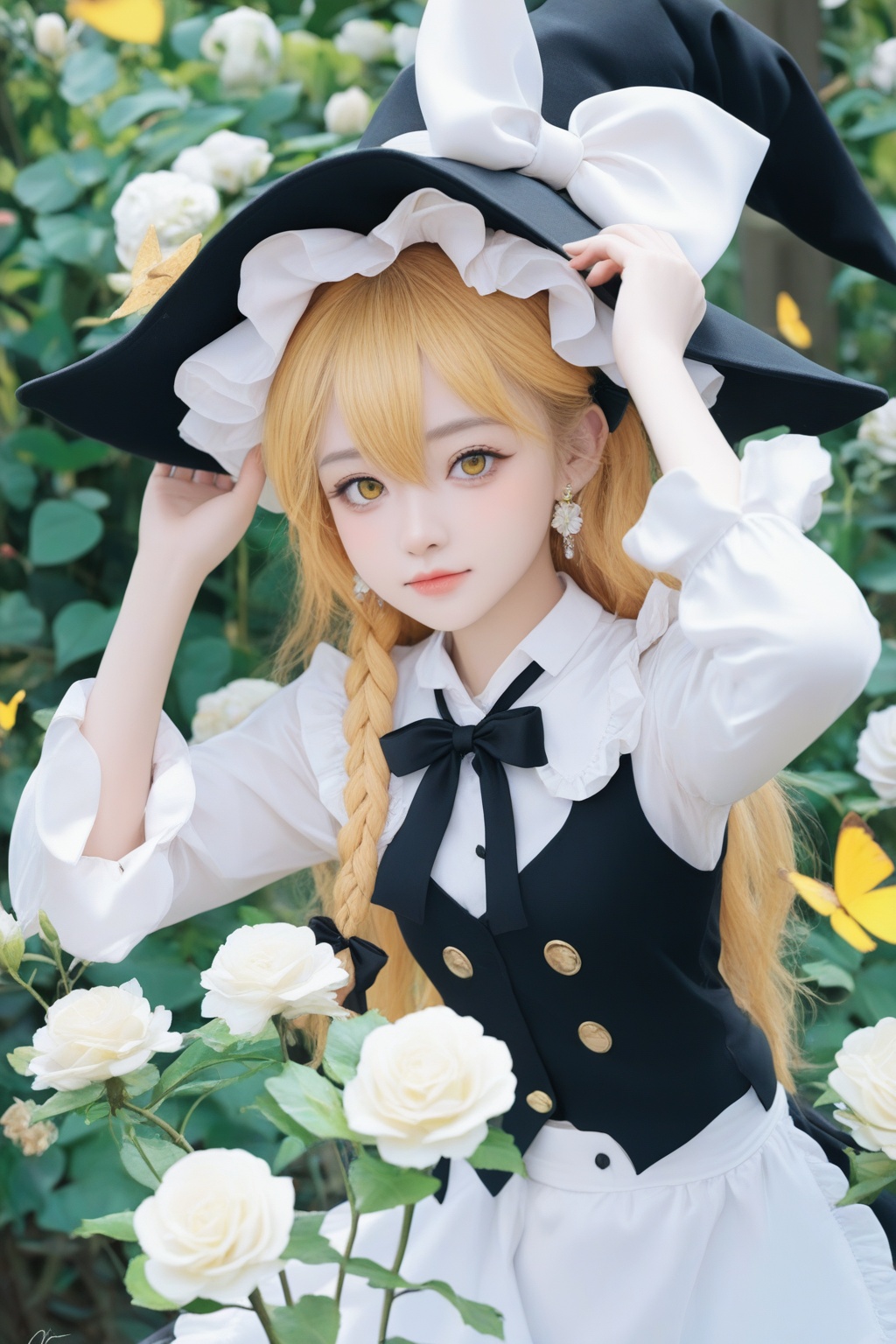 masterpiece,Realism,best quality,loli,1girl,hat,kirisame marisa,blonde hair,solo,yellow eyes,bug,witch hat,butterfly,long hair,braid,bow,flower,apron,black headwear,single braid,long sleeves,earrings,hair ornament,jewelry,white bow,hair flower,shirt,white shirt,closed mouth,hair between eyes,black bow,waist apron,white apron,hat bow,black skirt,white flower,blush,bowtie,skirt,black bowtie,looking at viewer,hair bow,rose,black vest,vest,frills,signature,buttons,hand on headwear,upper body,frilled apron,white rose,arms up,cowboy shot,yellow butterfly,arm up,hands up,artist name,side braid,ribbon,