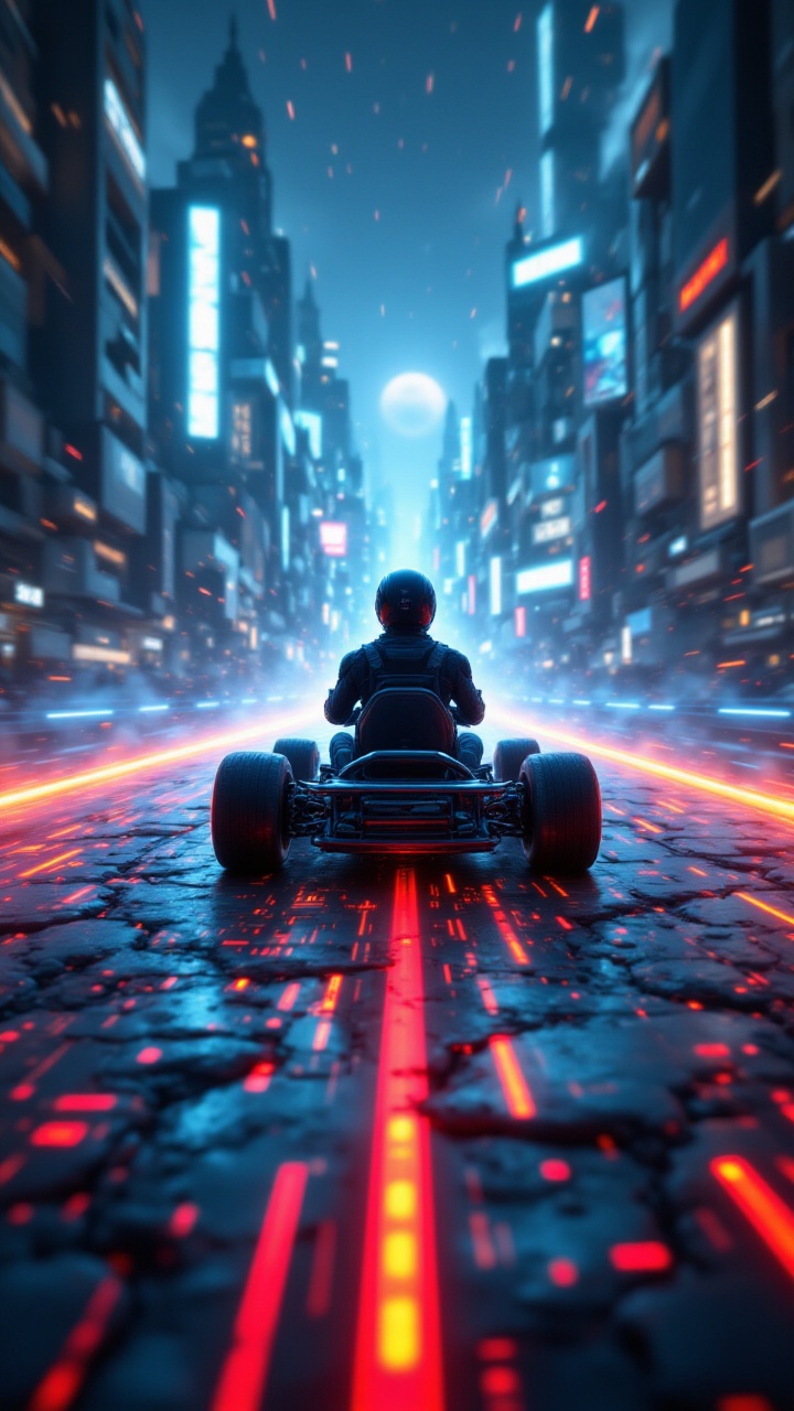 In a whimsically Sci-fi scene,  a digital Michael Weatherly Kart race materializes in a tilt-shift photograph. The main su...