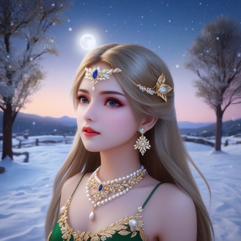 <lora:837-DA-XL-斗罗大陆-千仞雪-幼年:0.8>, (,1girl, ,best quality, ),,  picture-perfect face,   clean, masterpiece,     cinematic lighting, cinematic bloom, fantasy,  , unreal, science fiction, ((,1girl, pov,))(((,tree, 1girl, full moon,snowing,snow ,solo,     solo focus,  long_hair, looking_at_viewer,  )))  (rich:1.4,)     prestige, luxury, jewelry, diamond, gold, pearl, gem, sapphire, ruby, emerald, intricate detail, delicate pattern, charming, alluring, seductive, erotic, enchanting, hair ornament, necklace, earrings, bracelet, ,