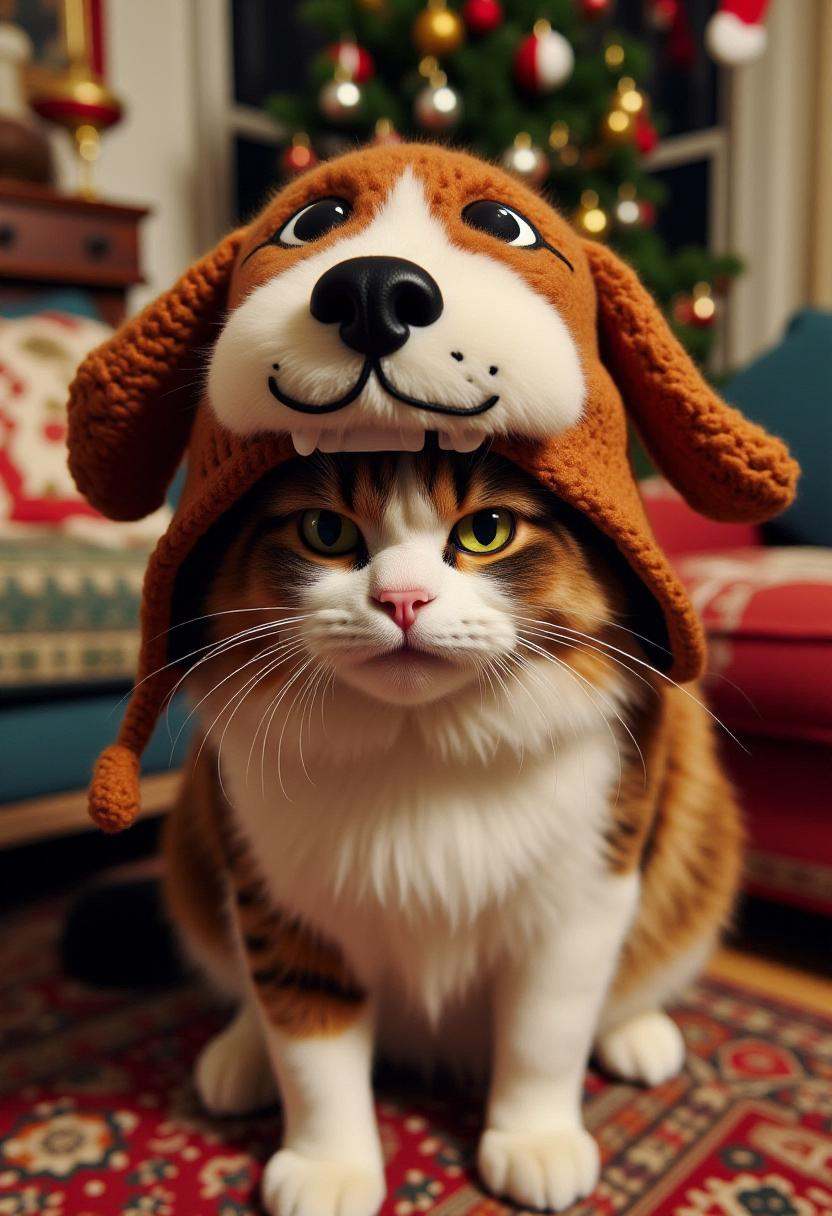 The image is a photograph featuring an angry looking cat in a festive living room environment. It is wearing a whimsical,...