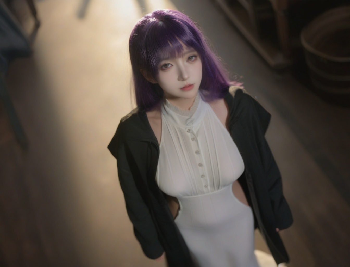 expressionless,<lora:Philen-000007:0.8>,HDR,absurdres,lens flare,(film grain:1.1),from above,iridescent lighting,softness,Sorceress,OverallDetailXL,Philen is Wearing a white dress and a black jacket with purple hair,