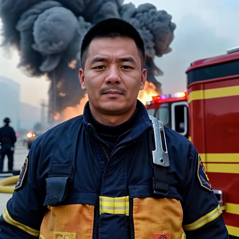 <lora:Asian7:0.7>,1man,masculine,male focus,look at the camera,upper_body,firefighter,
