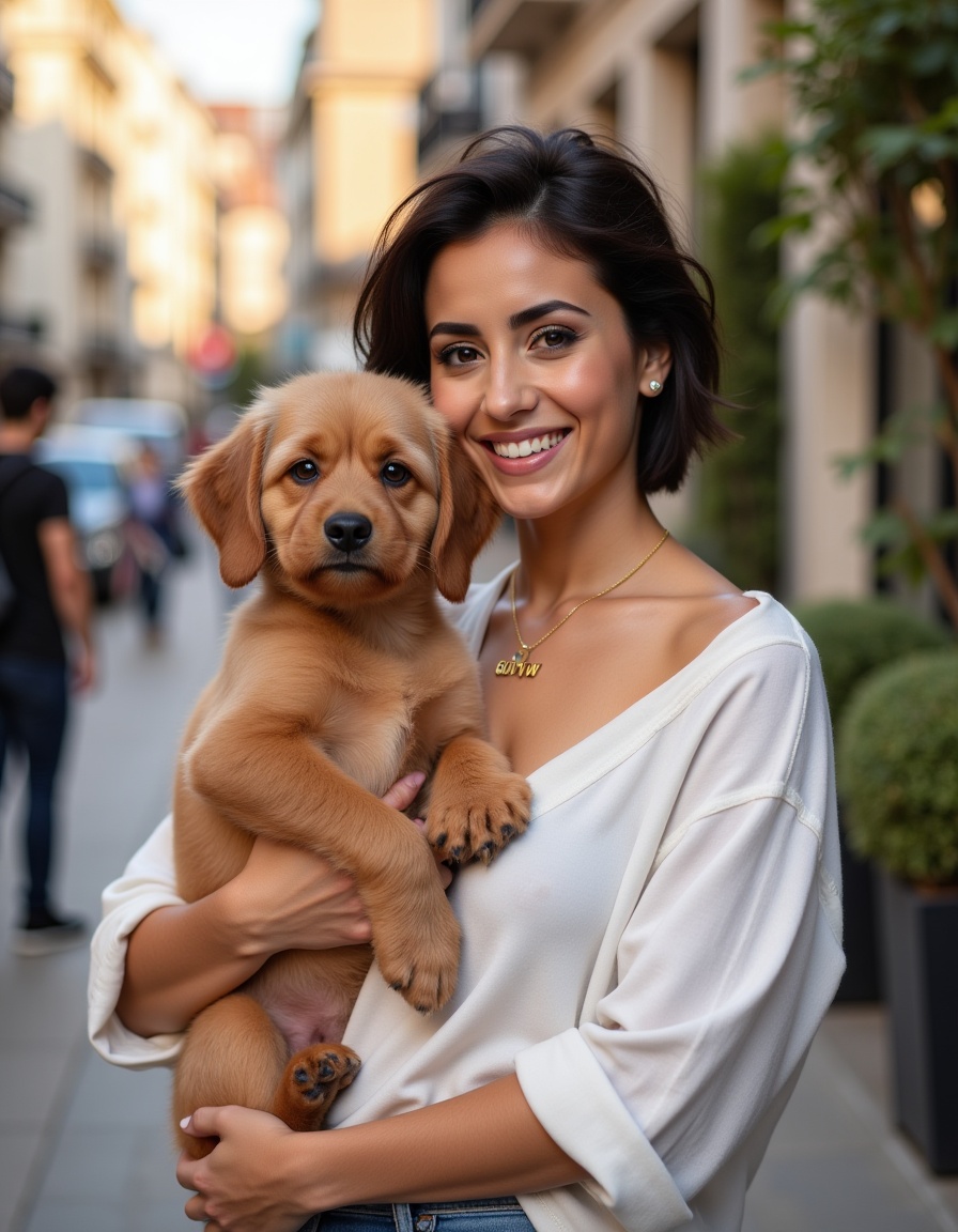 An intimate outdoor portrait capturing a young woman,  smiling while holding a fluffy brown dog in her arms. The setting i...