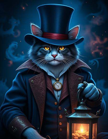 A badass blue tabby cat with a white chest,  paws,  and face is decked out in a fancy Victorian-style getup. It's rocking...