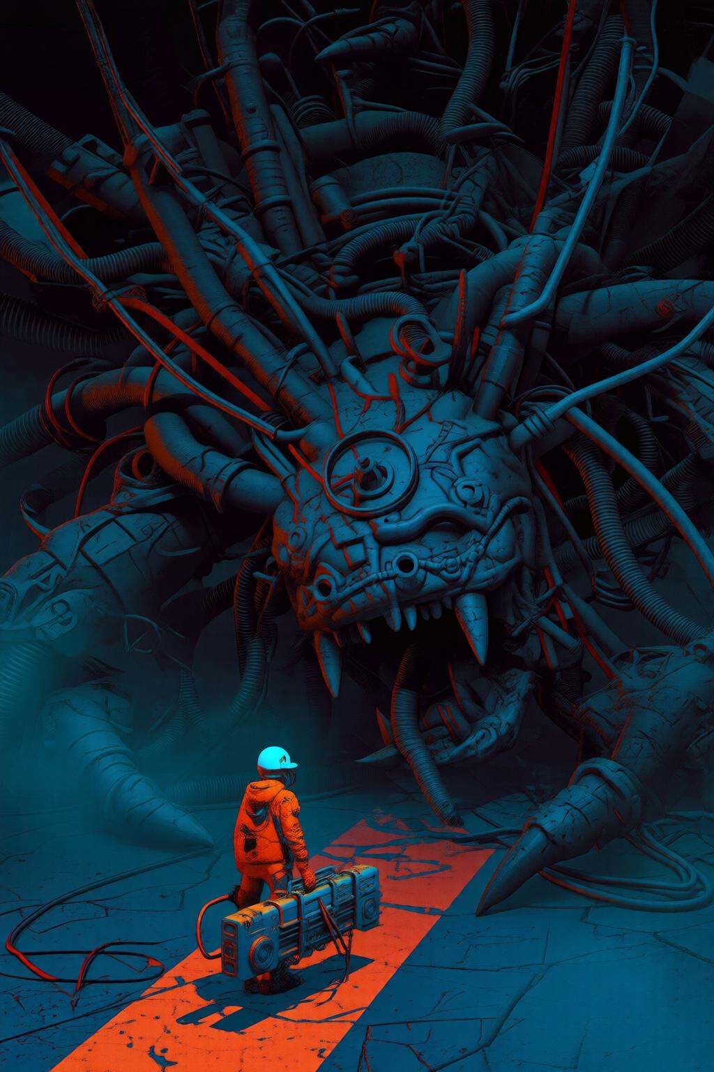 pascalblanche2q illustration. The buried head of a giant mechanical creature with tubes,  wires,  and robotic parts looms...
