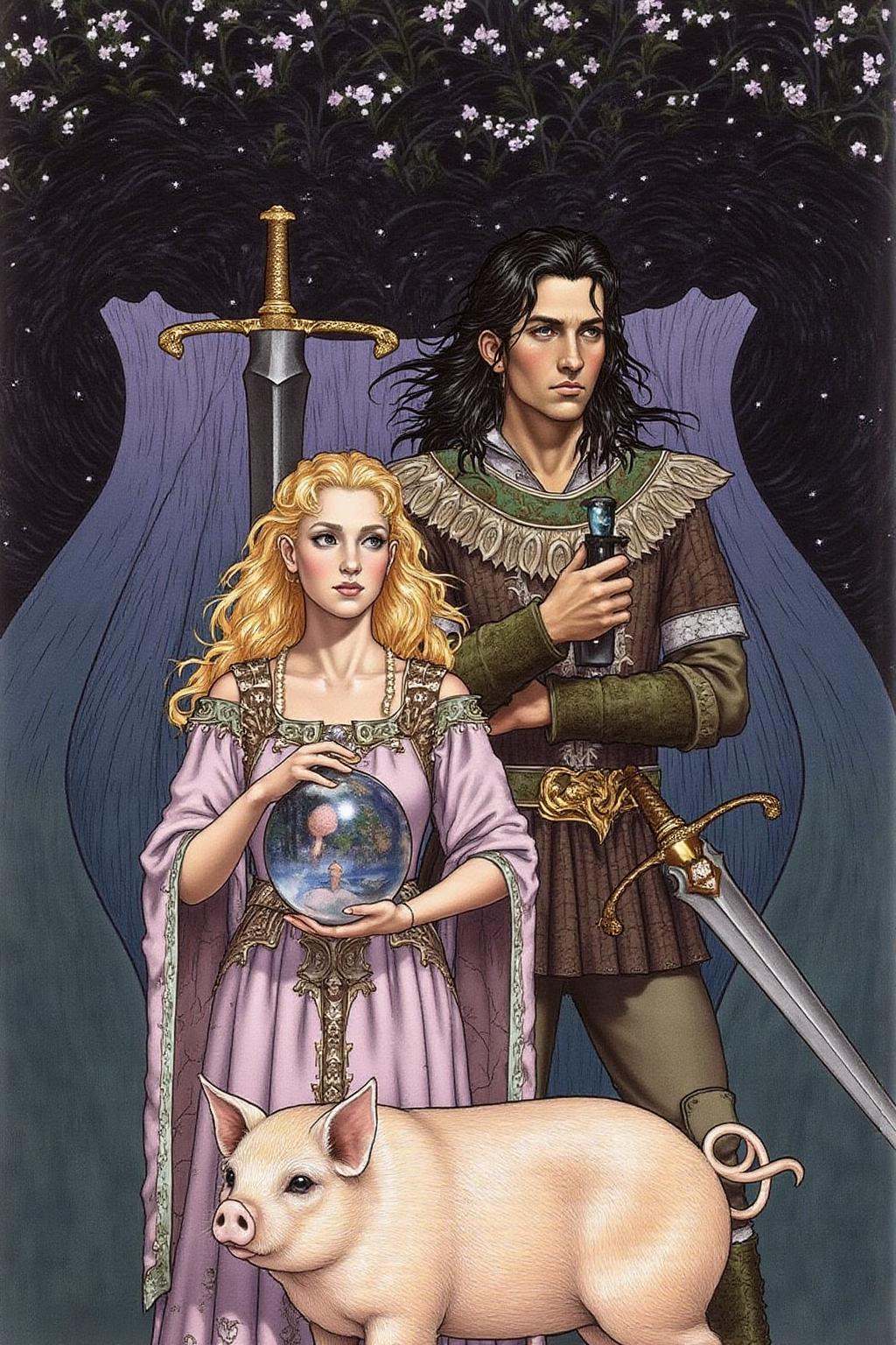 jole1 illustration.A young man,  a young woman and a pig in a mystical forest setting. On the left,  a woman with long on...