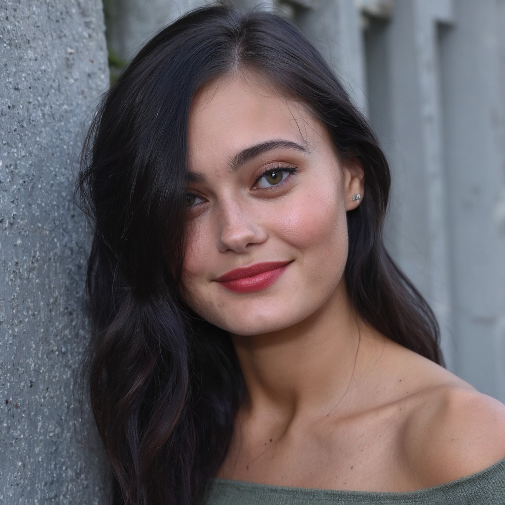 A close-up portrait of ella_purnell with long,  wavy black hair. She has striking blue eyes and bright red lipstick. She w...