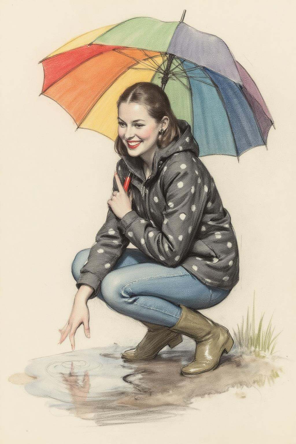 A charcoal drawing of a young woman,  angled from slightly above and to the right,  crouching low to the ground in a puddl...