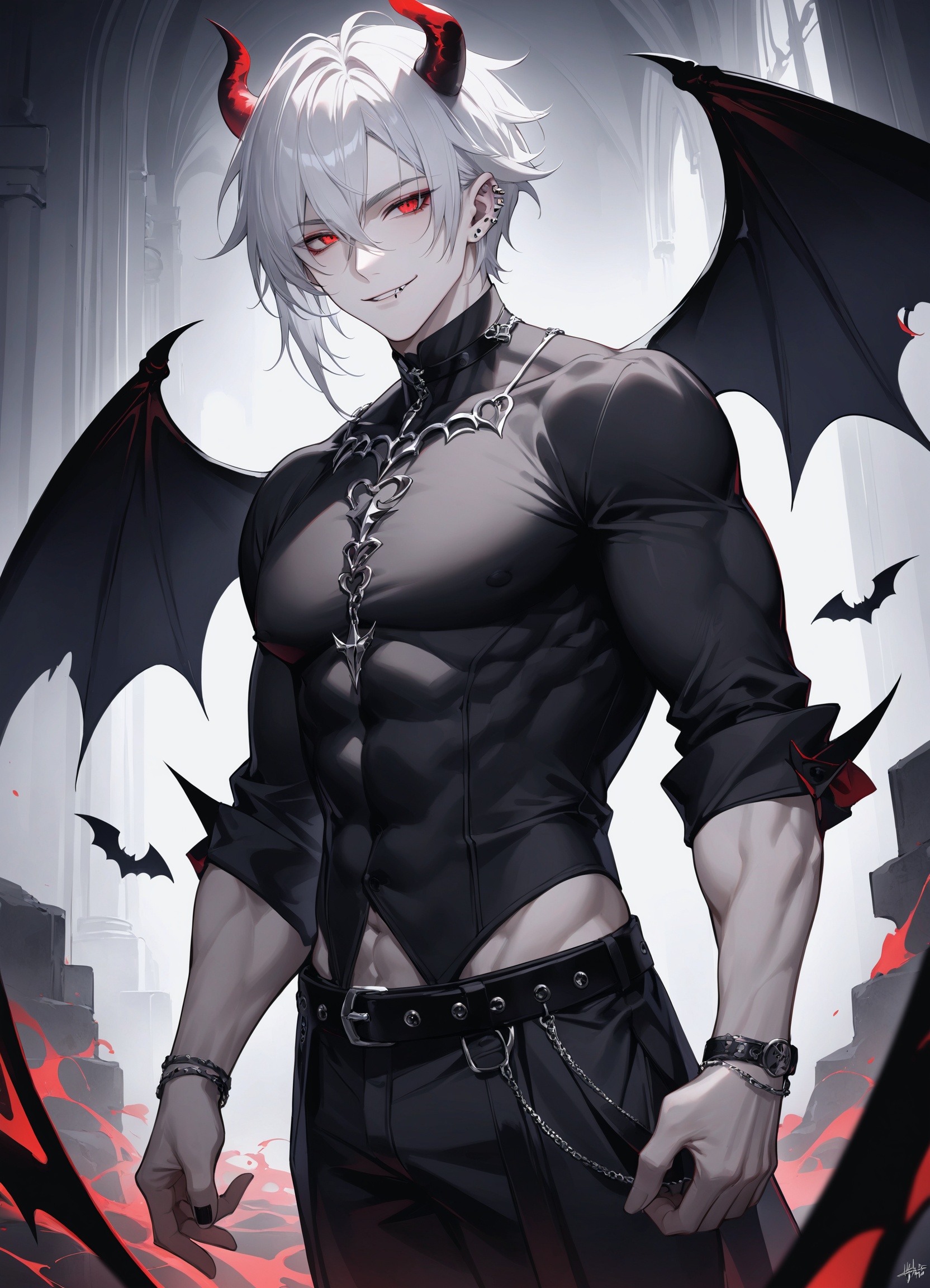 High-quality,1man, demon,solo, red eyes, flirtatious smile, messy white hair, dressed in black clothing, lip piercing, back bat wings, tall and muscular, the background is dark, everything is black and white except for his eyes, relaxed posture, the surrounding environment is dark and mysterious, with lighting focused on his face, highlighting his unique charm.