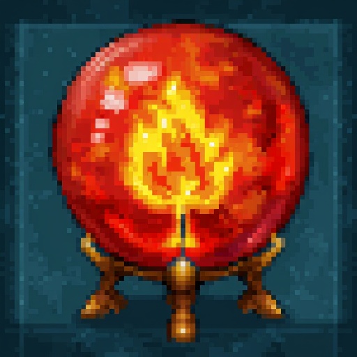 Expert Destructive Magic skill icon. HoMM2 style. Teal stone background. Image is a pixel art style icon featuring a fiery...