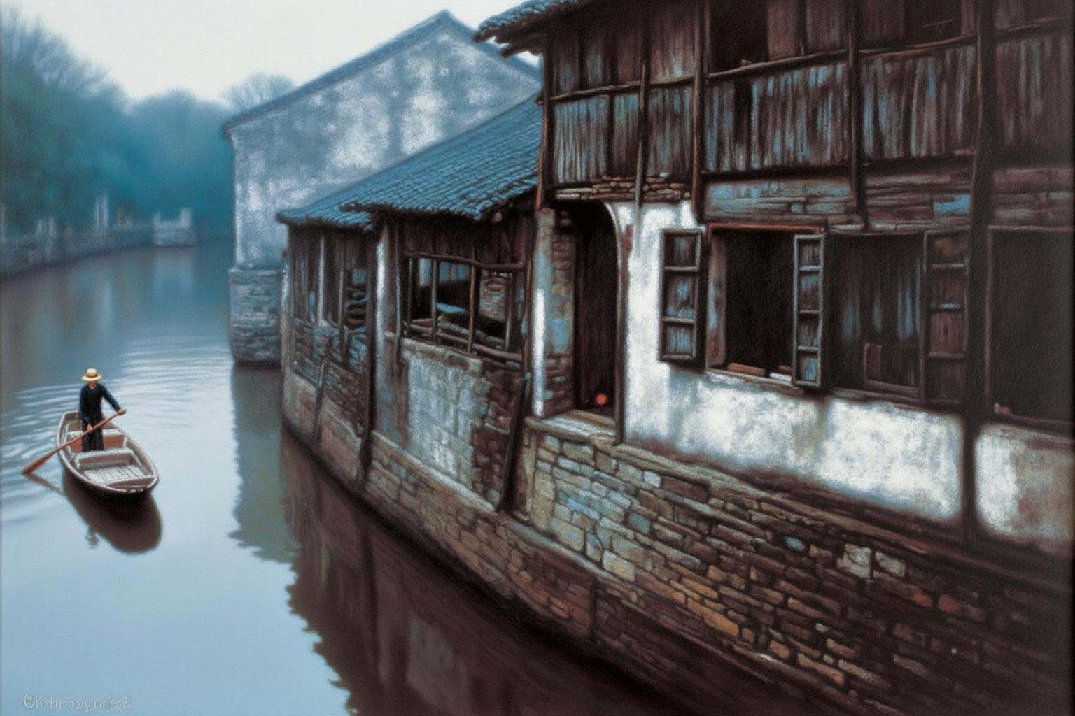chenyifei2 painting.A tranquil canal scene in a traditional village in Southern China. A small,  rustic wooden boat glides...