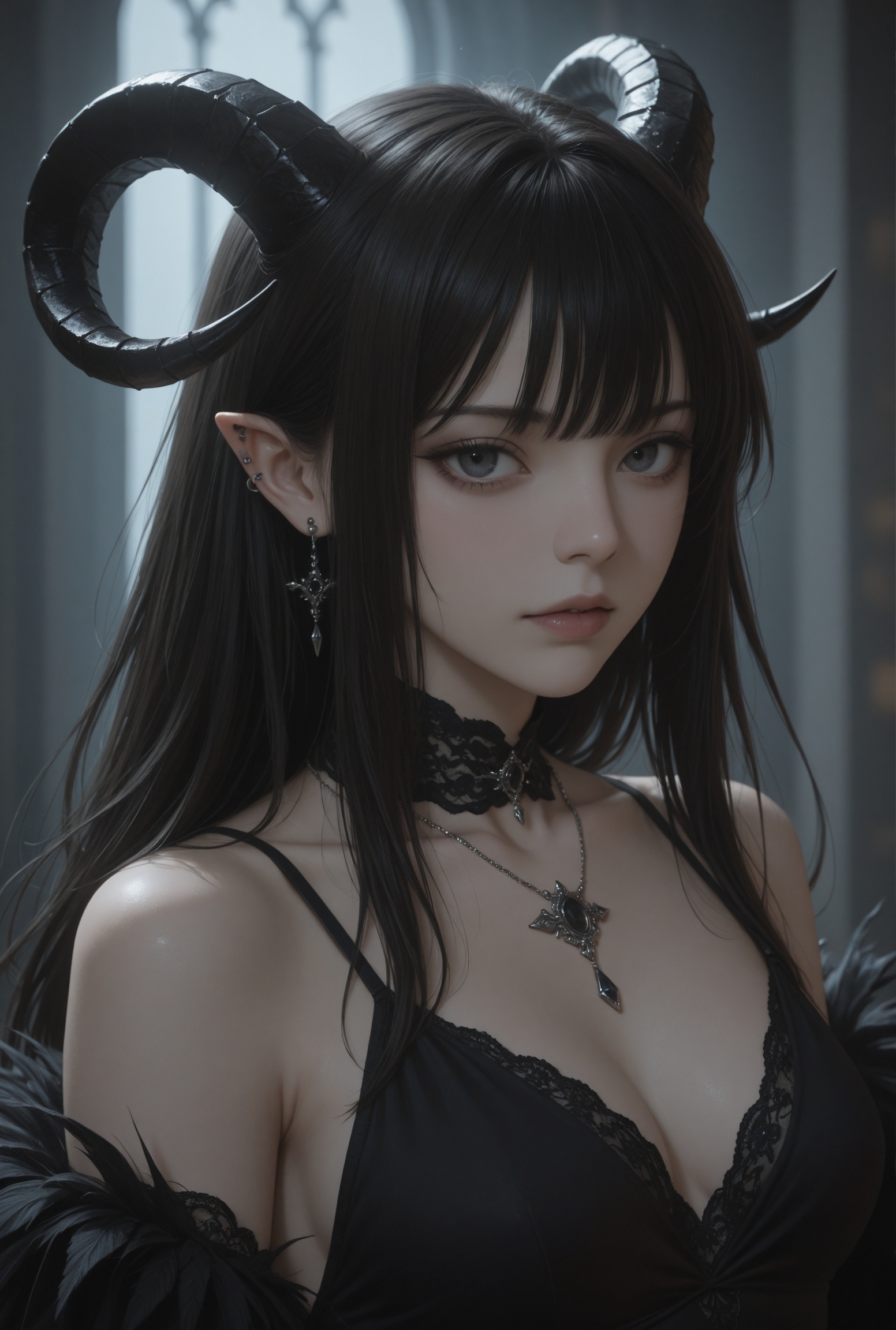 A striking woman with long,  dark hair and curved horns gazes intensely at the viewer,  exuding a mysterious and dramatic...