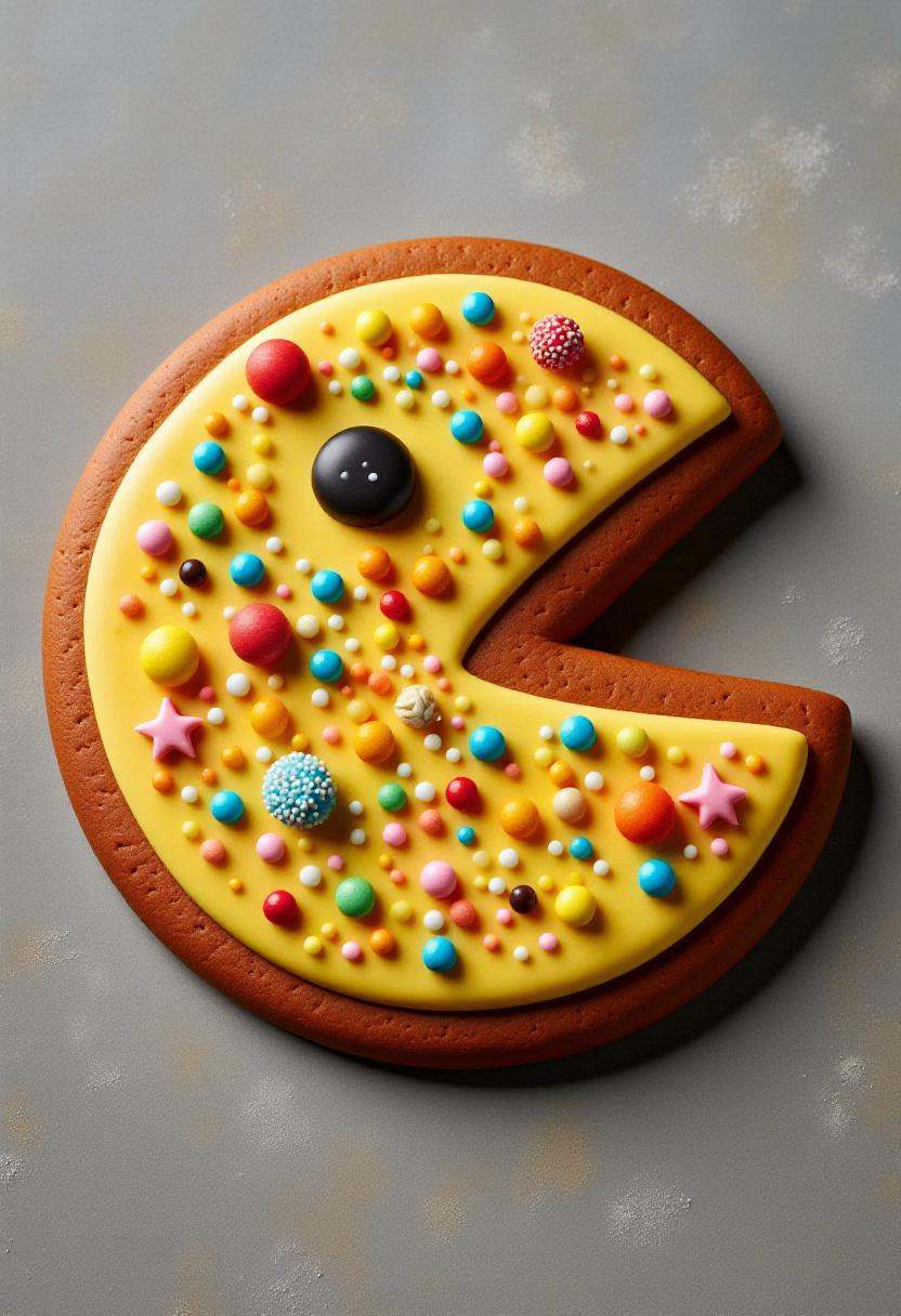 This is a photograph of a intricately decorated gingerbread Pac-Man,  placed flat on a stone surface. on Tensor.Art