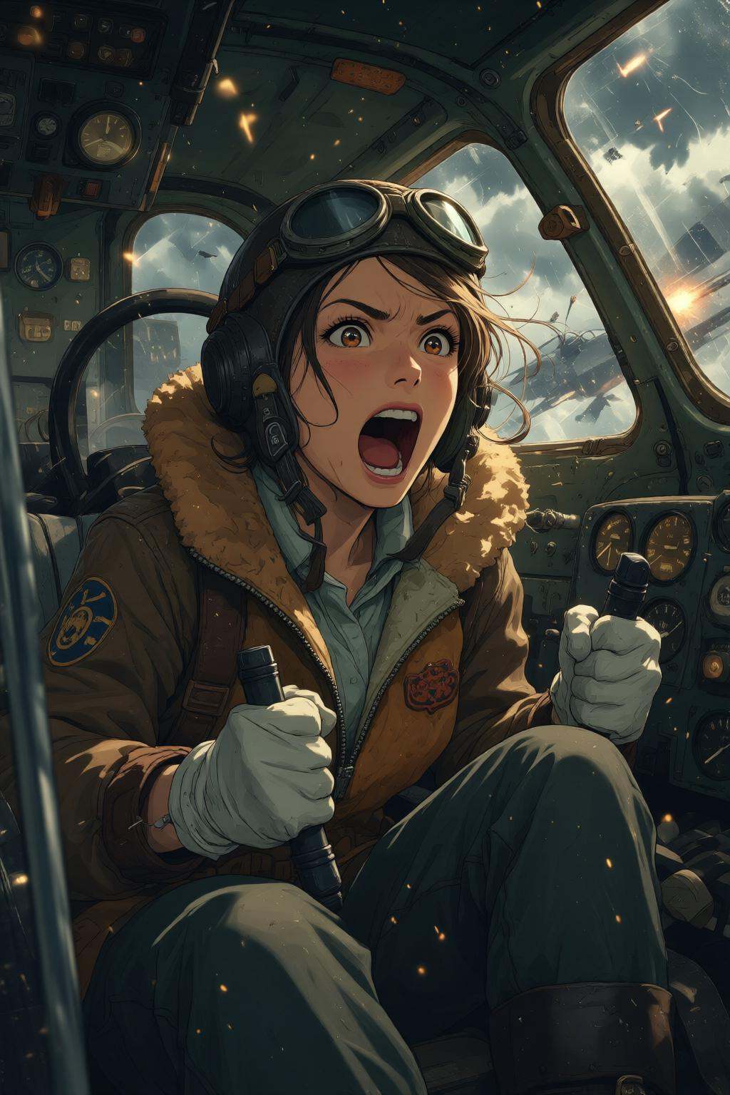 nijimix6q anime style illustration.A female pilot screaming inside the cockpit of a World War II bomber. The pilot,  weari...