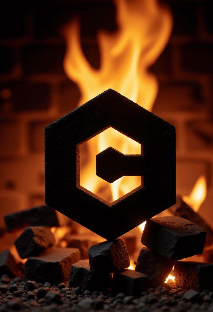 The image is a photograph of a coal statue of a hexagon civitaiLogo,  in a burning fireplace. on Tensor.Art