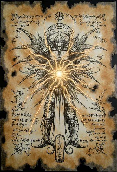 ncrnmcn,  A brittle,  torn page features an armored figure holding a glowing orb. The figure’s helmet is adorned with horn...