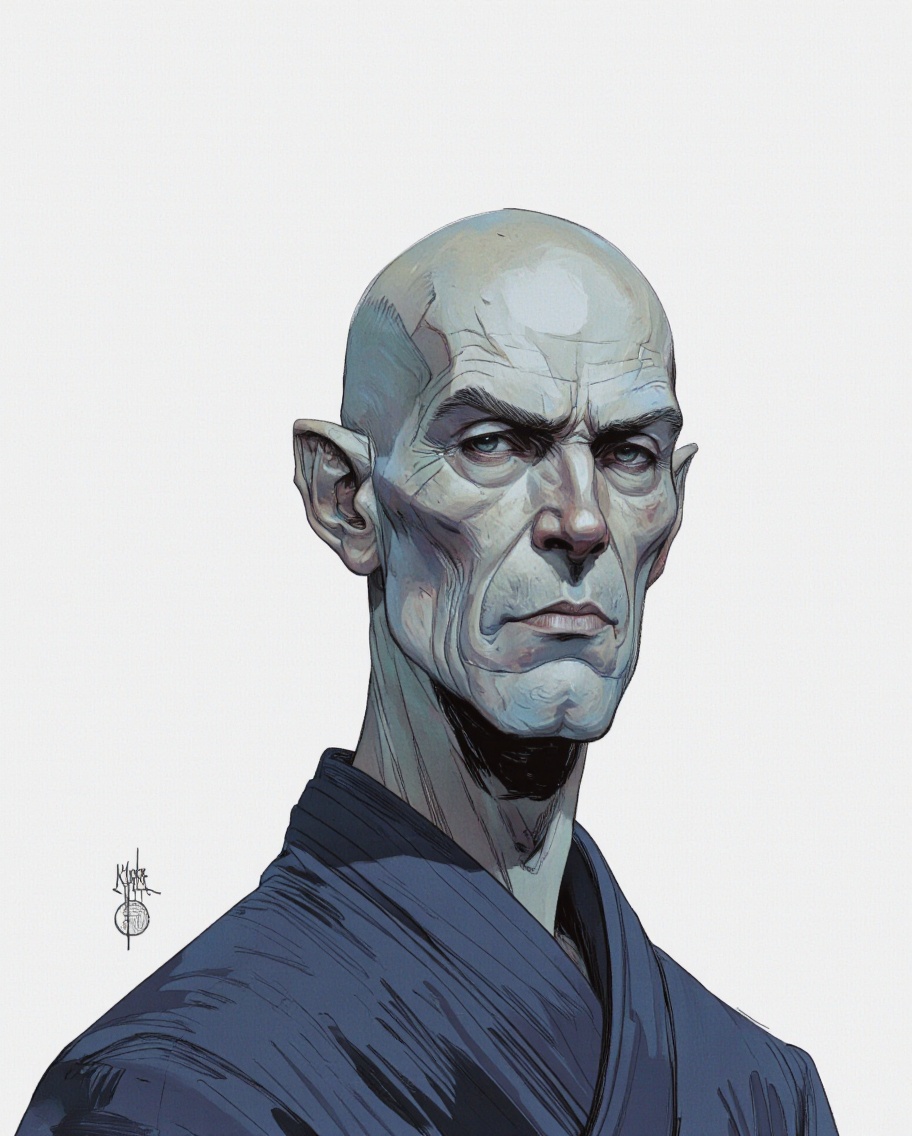 Art by Otto Schmidt in anime digital illustration Ochomido style. A digital illustration of an old,  bald,  grey-skinned m...