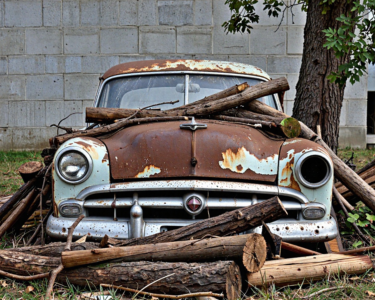 This is a photograph depicting an abandoned,  rusted vintage car partially covered by a large pile of wooden logs and bran...