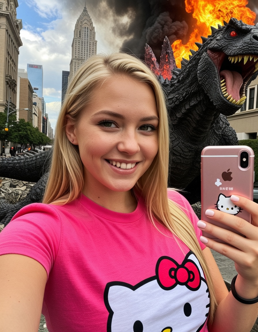 a beautiful blonde girl smiling and taking a selfie with an iphone,  dressed with a hello kitty pink t-shirt, on Tensor.Art