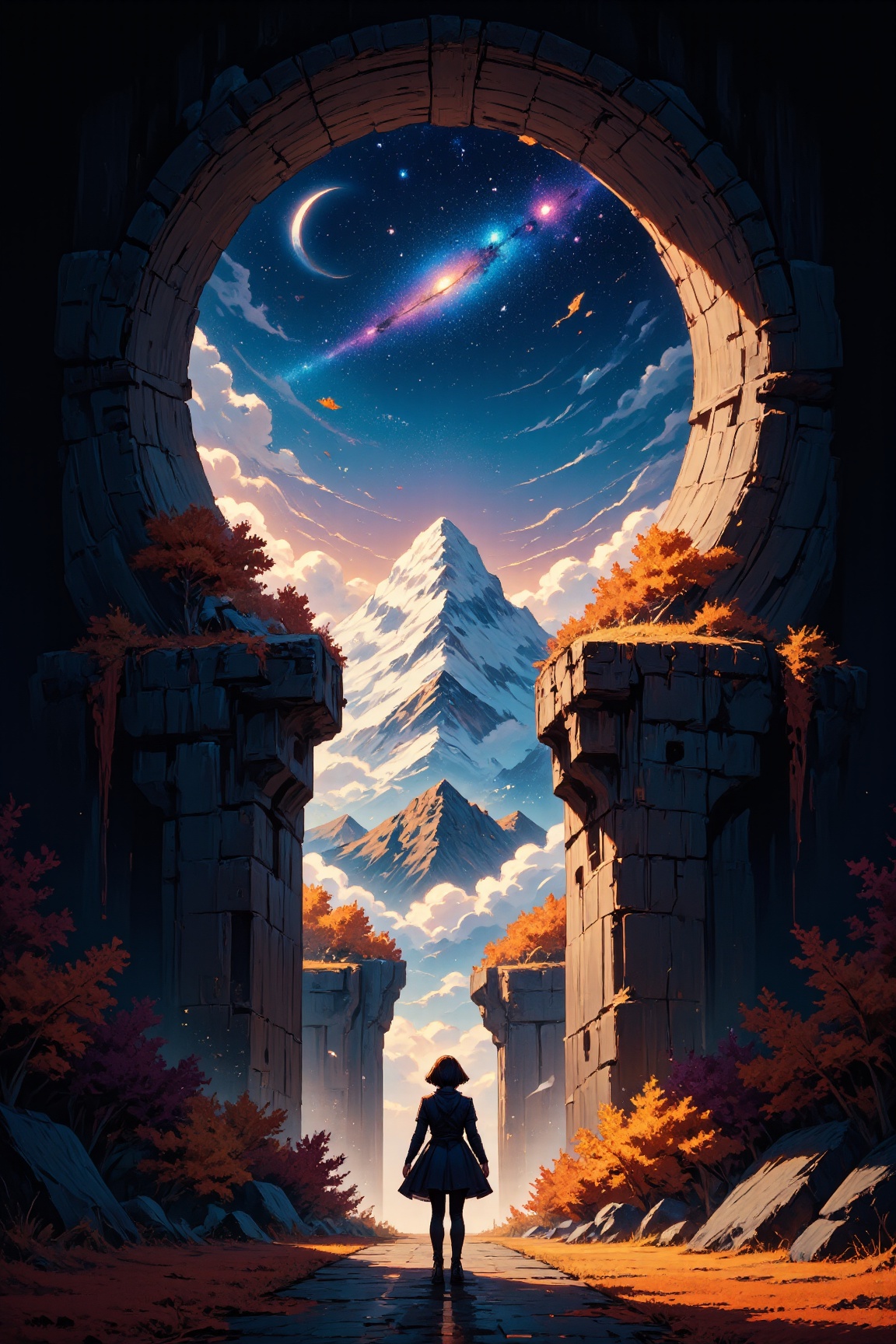 A surreal fantasy scene featuring a giant keyhole-shaped portal opening to a breathtaking,  autumn landscape. Inside the k...