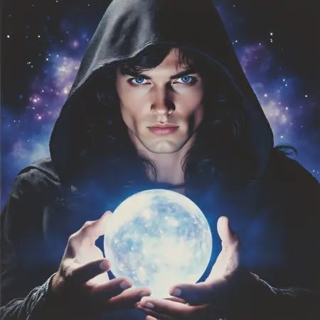 ArsMovieStill,  80s Fantasy Movie Still,  The image is a portrait of a young man wearing a black hooded cloak with a hood...