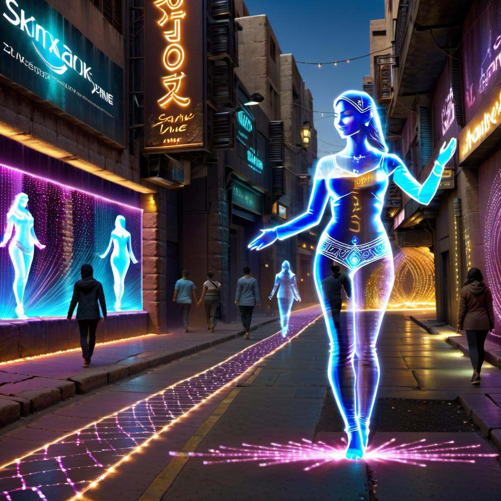 Point-of-view shot full body photo of transparent hologram woman,  smiling,  Middle Eastern on Tensor.Art