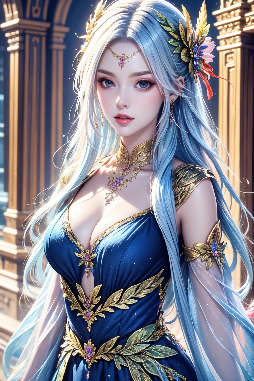 illustration, original, extremely detailed,1girl, solo, long hair, jewelry, hair ornament, necklace, breasts, dress, parted lips, looking at viewer, feathers, cleavage, black dress, pale skin, wavy hair, white hair, lips