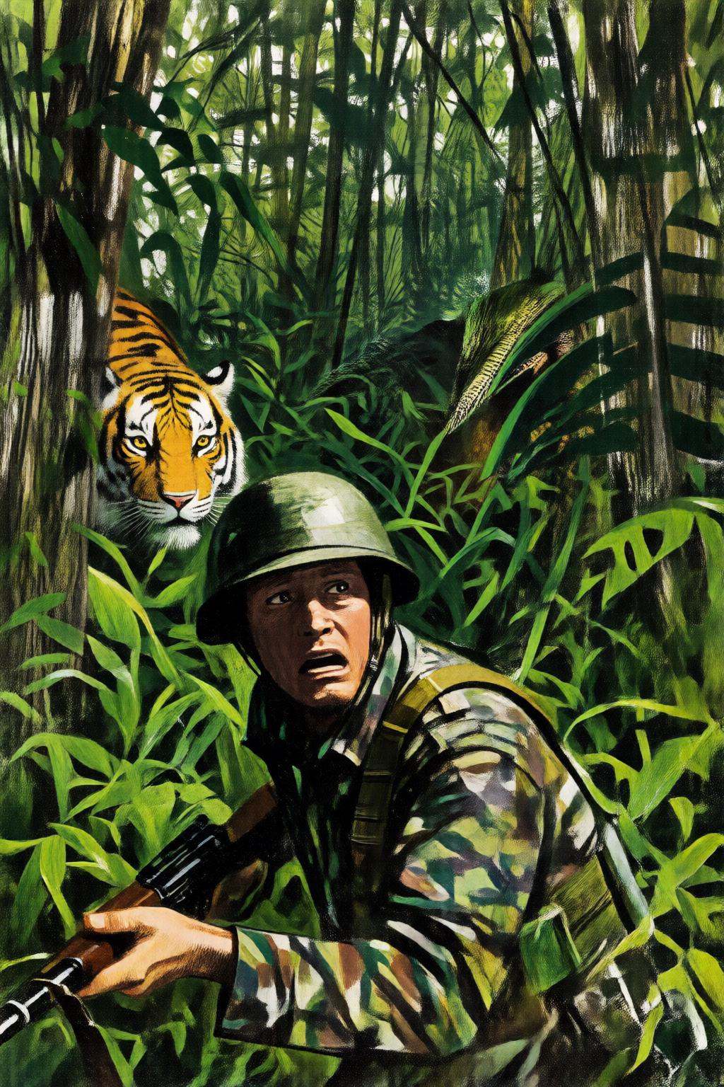 giannirenna2q illustration. An American Marine in Vietnam,  featuring a dense,  lush environment with thick foliage on Ten...