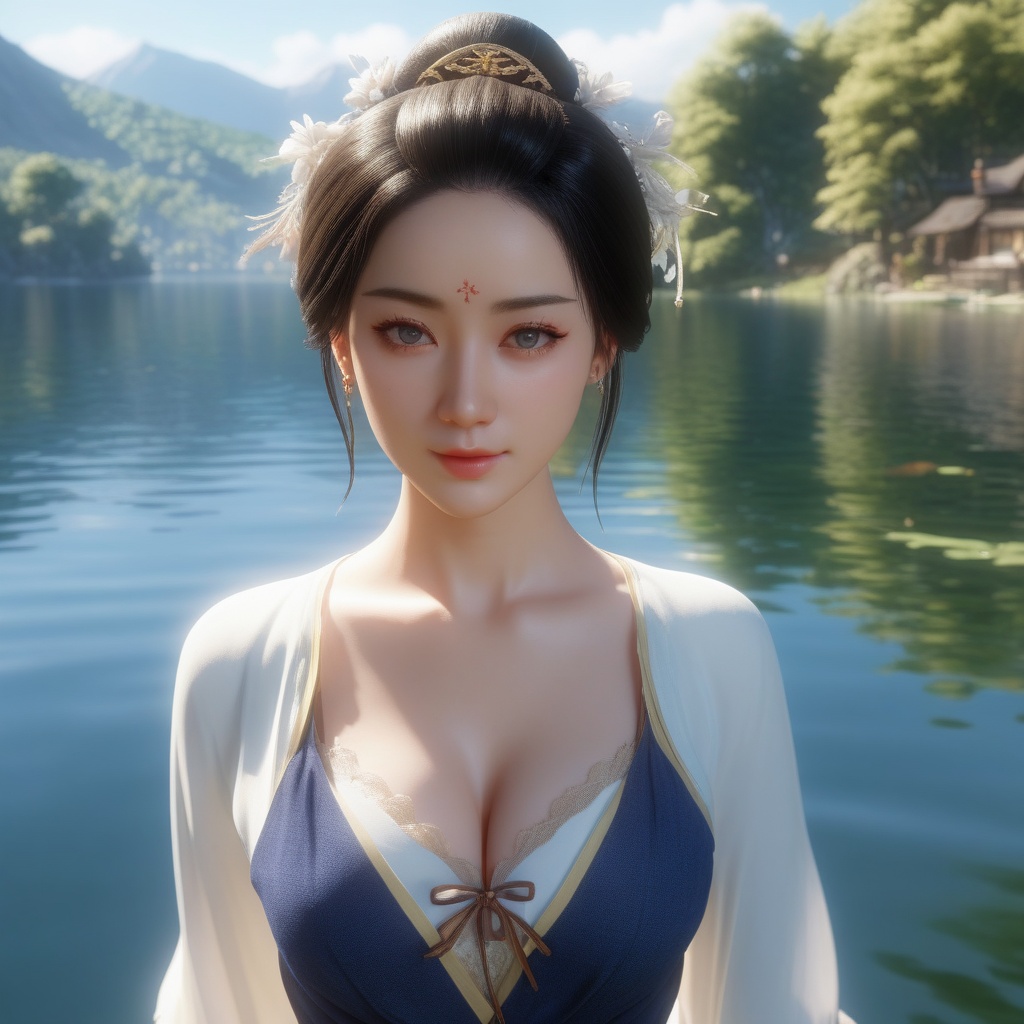 <lora:831-DA-XL-国风E:0.8>, (,1girl, ,best quality, ),,  ,ultra detailed 8k cg,   ,masterpiece, (( , )) , lake,upper body,   (cleavage),,  (),