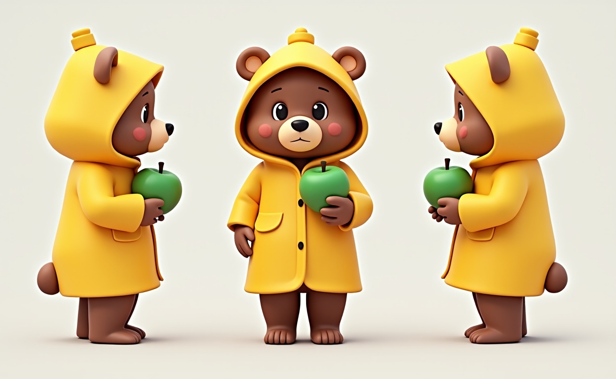 miluo_sst,cartoon, 3d render of a bear character in a yellow raincoat and hat, holding a green apple, multiple angles, cute, full body, grey background ,three-view drawing <lora:卡通三视图-flux--1.6:1>