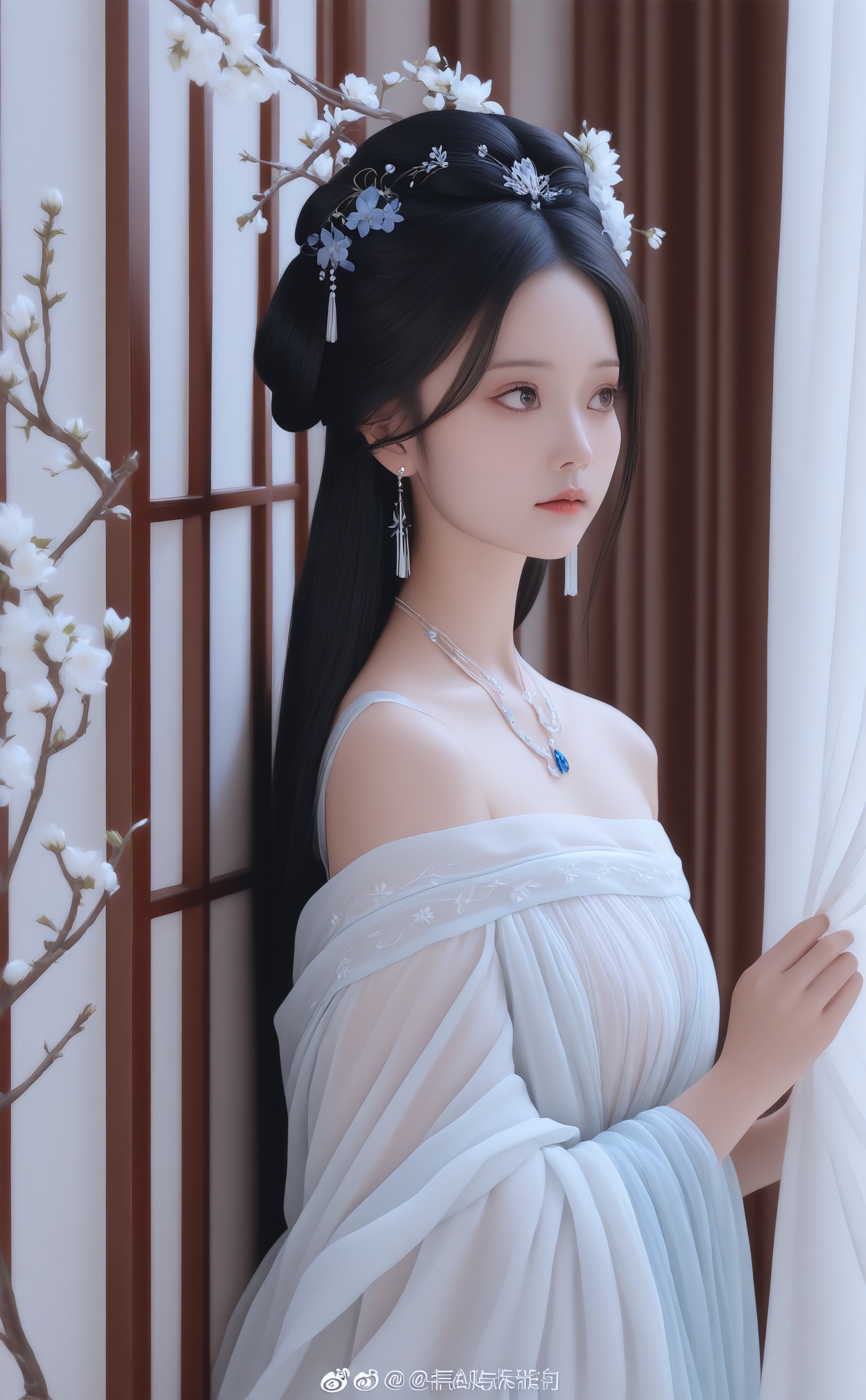 masterpiece,best quality,high quality,normal quality,1girl,upper body,solo,Off Shoulder,hanfu,dress,curtains,jewelry,long hair,black hair,white dress,earrings,looking to the side,branch,expressionless,flower,closed mouth,hair ornament,window,necklace,realistic,weibo logo,windowsill,