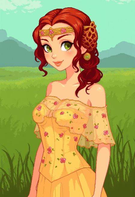 pixel art npc portrait of a beautiful petite young woman with red hair wearing Padme Amidala Yellow Naboo Picnic Dress,  d...