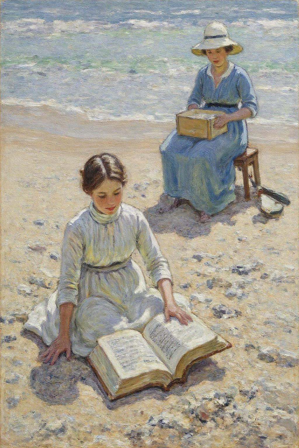 dorotheasharp1 painting. helenmcnicoll2. Two women engaged in leisurely activities on a sandy beach. There is a woman sitt...