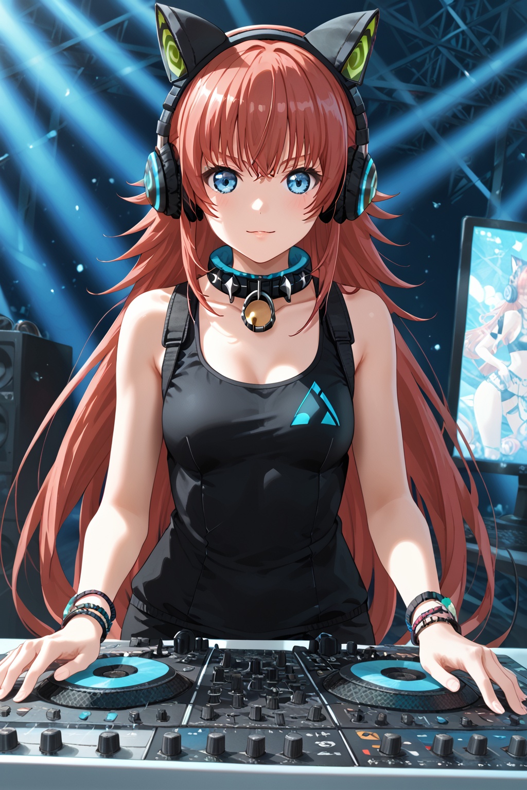chuchu, 1girl, solo, long hair, bangs, blue eyes, animal ears, very long hair, red hair, fake animal ears, headphones, animal ear headphones, cat ear headphones<lora:chuchu-pony:0.8>