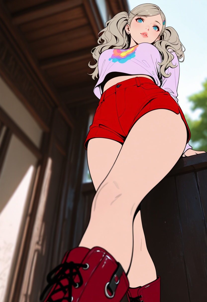 Takamaki Anne_\(Persona 5\),Extremely low angle,from below,illustration masterpiece,long legs,cute lips,asian lady with a bun,wearing boots,wearing a nylon top,wearing red hotpants,neon acryl,asian dream woman  flirty,dominant pose,8k,soft colors,ultra detailed,sunny day,beautiful,((flat color:1.8)),masterpiece,best quality,amazing quality,lazypos,lazyup,high detail,subtle,high contrast,real background,smooth shading,glossy surfaces,colorful depth,enthusiasm,diagonal angle,high angle,dak depth,masterful shading,low kye,dak depth,chiaroscuro,impasto,(shallow depth of field:1.4),(foreshortening:1.4),