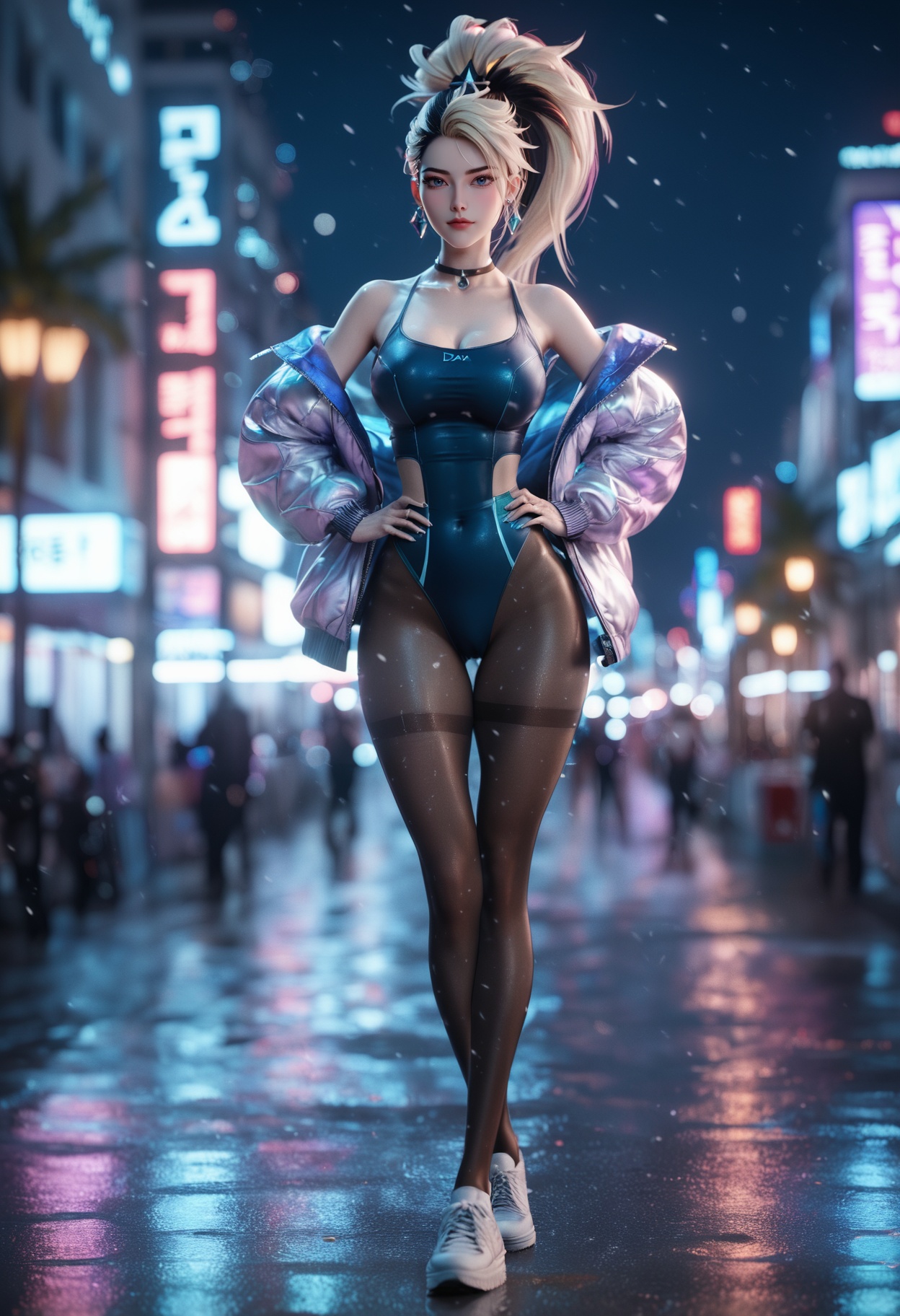 XUER gufeng,<lora:绪儿古风XUER gufeng:0.6>,<lora:GoodHands-beta2XL:1>,score_9,score_8_up,score_7_up,score_6_up,highres,night,aesthetic,blush,(large breasts,big ass,large thigh,thigh gap,large hips,thin waist),k-pop idol,miss korea,korean beauty,BREAKmasterpiece,raw,realistic,high-resolution,(detailed),(photograpy),(photorealistic),(full_body:1.2),seductive smile,large breasts,depth of field,wide_shot,Standing with hands on the hips, looking determined,BREAK1girl,k/da (league of legends),akali,solo,long hair,two-tone hair,black hair,(Blonde hair:0.7),ponytail,high ponytail,earrings,jewelry,pantyhose,new_school_swimsuit,