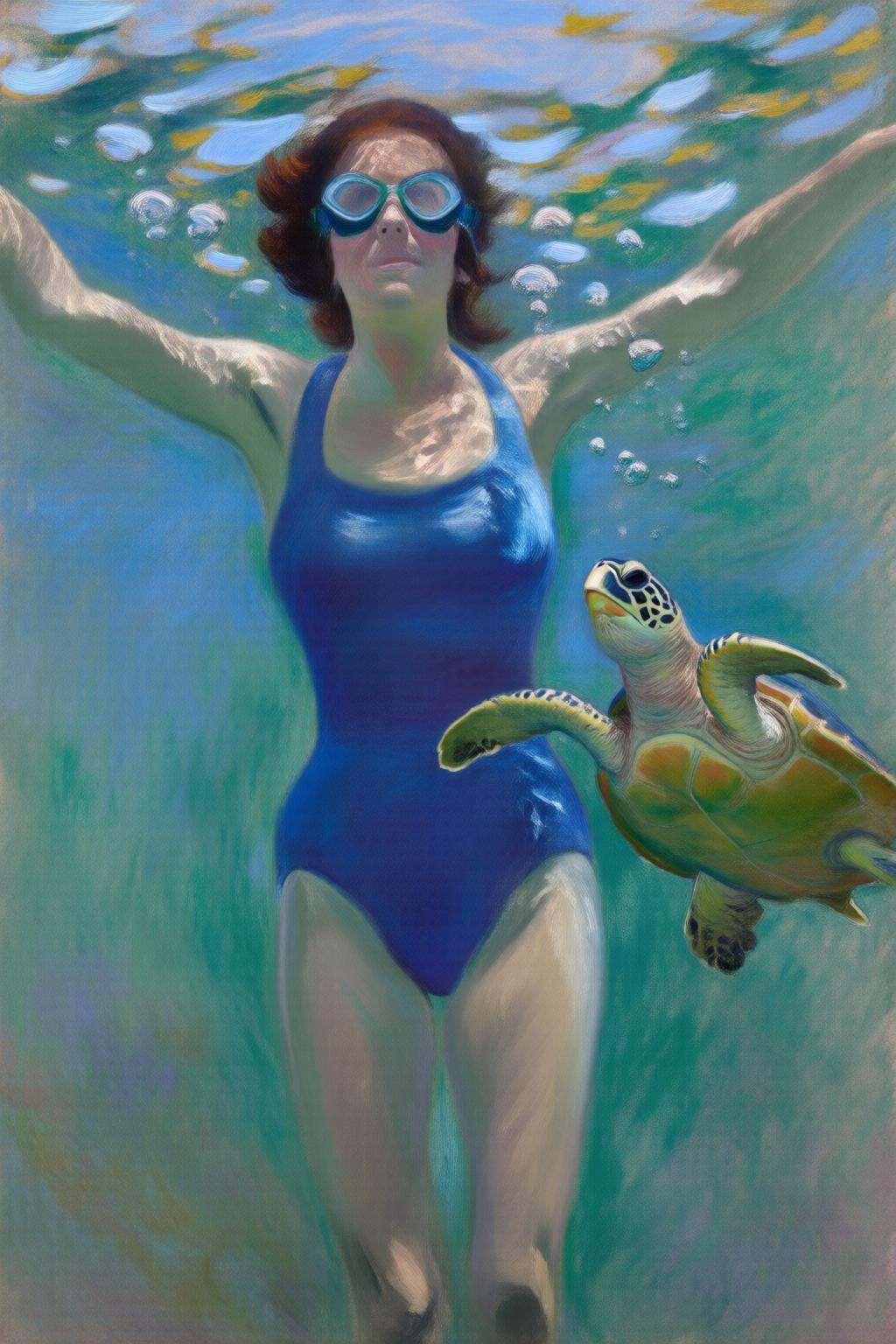 claudemonet2q painting. A woman swimming underwater. The woman is wearing a blue one piece swimsuit,  and she is wearing g...