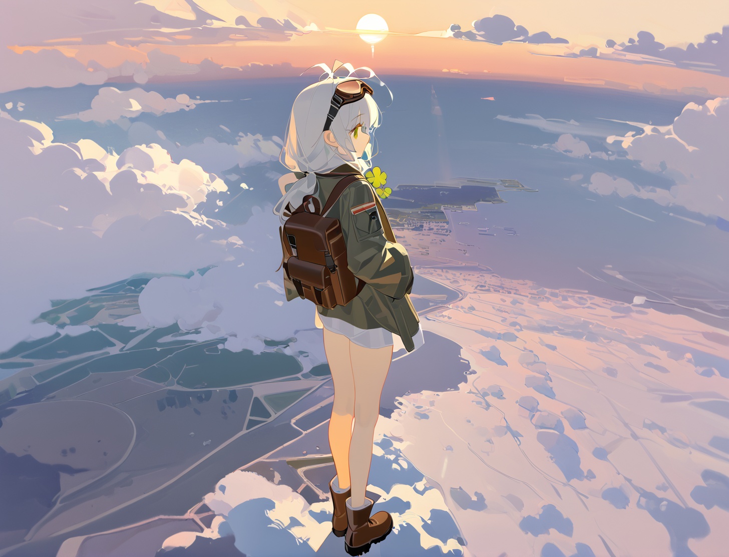 masterpiece,best quality,illustration,ultra detailed,hdr,Depth of field,(colorful),artist:tianliang duohe fangdongye,bright outline,1girl,solo,bomber jacket,pilot coat,goggles on the head,white long hair,Green eyes,four-leaf clover,wind-blown clothes,leather boots,leather material,bare legs,brown backpack,walkie-talkie,antenna,scout,exploration,signal transmitter,sunset,setting sun,Tyndall light,horizon,ultimate color,melancholy expression,the girl looks into the distance,parachute,cumulonimbus,clouds,aerial view,distant view,airship,hyperdetail,nature landscape,clouds,