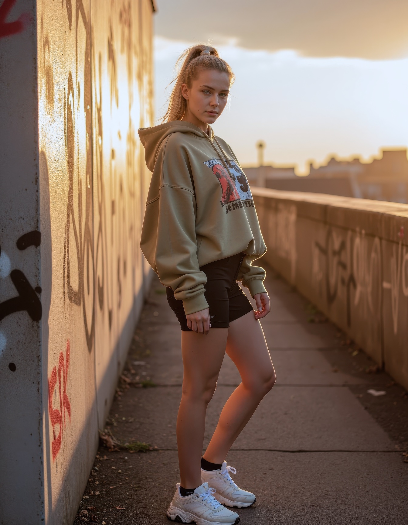 young blonde Dutch woman with fair skin and sharp features,  standing confidently in a loose high ponytail catching the go...