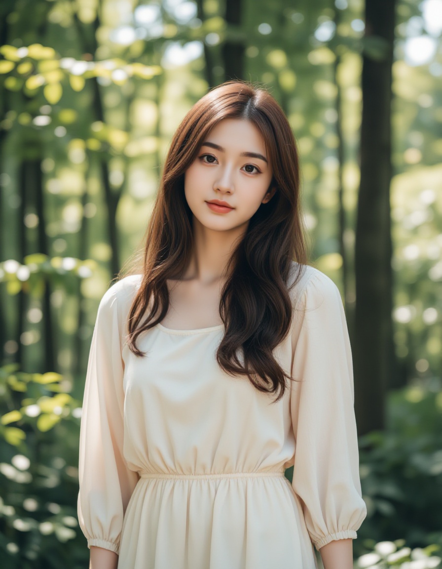 A young asian woman with long,  wavy brown hair and fair skin stands in a sunlit forest,  wearing a light beige on Tensor.Art
