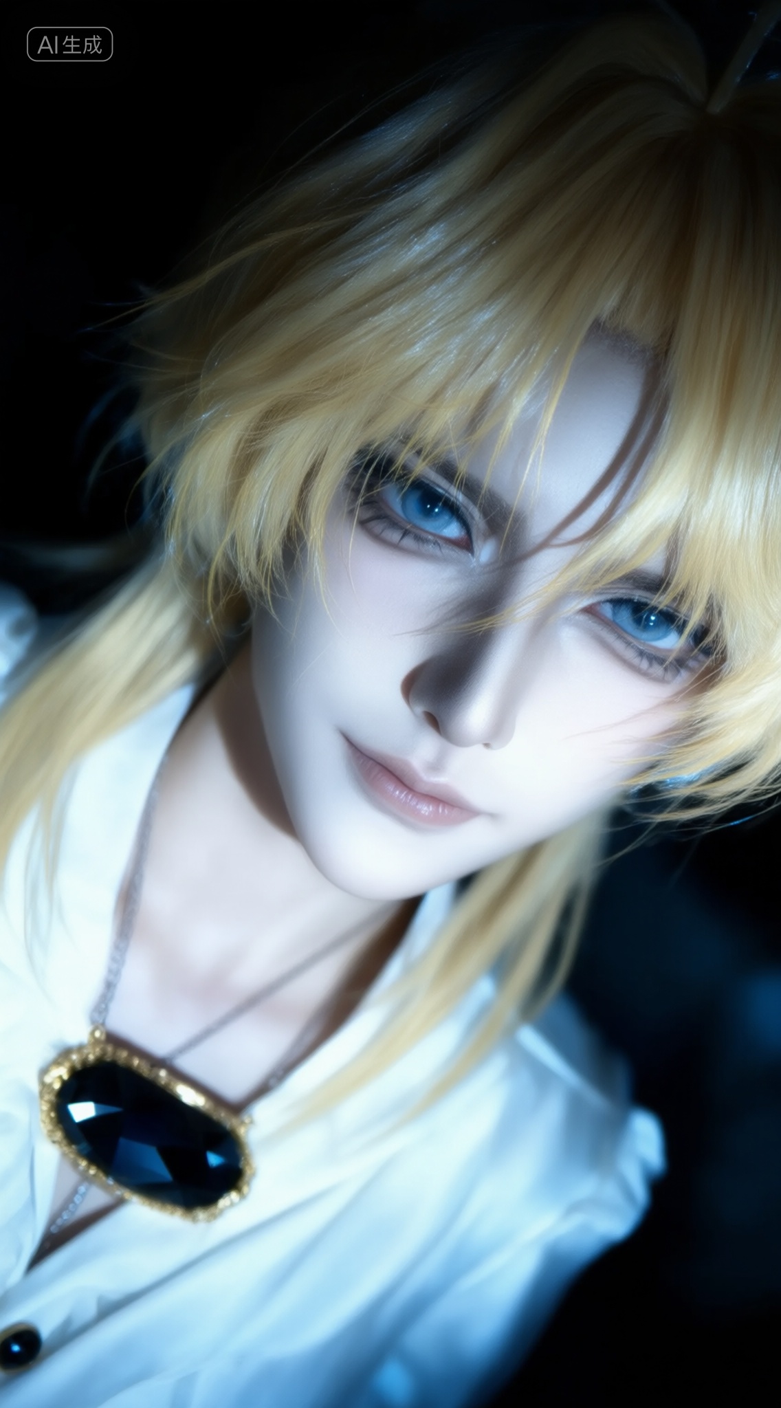 a close-up portrait of a young woman with pale skin and blonde hair,  wearing a white blouse with a large black gemstone p...