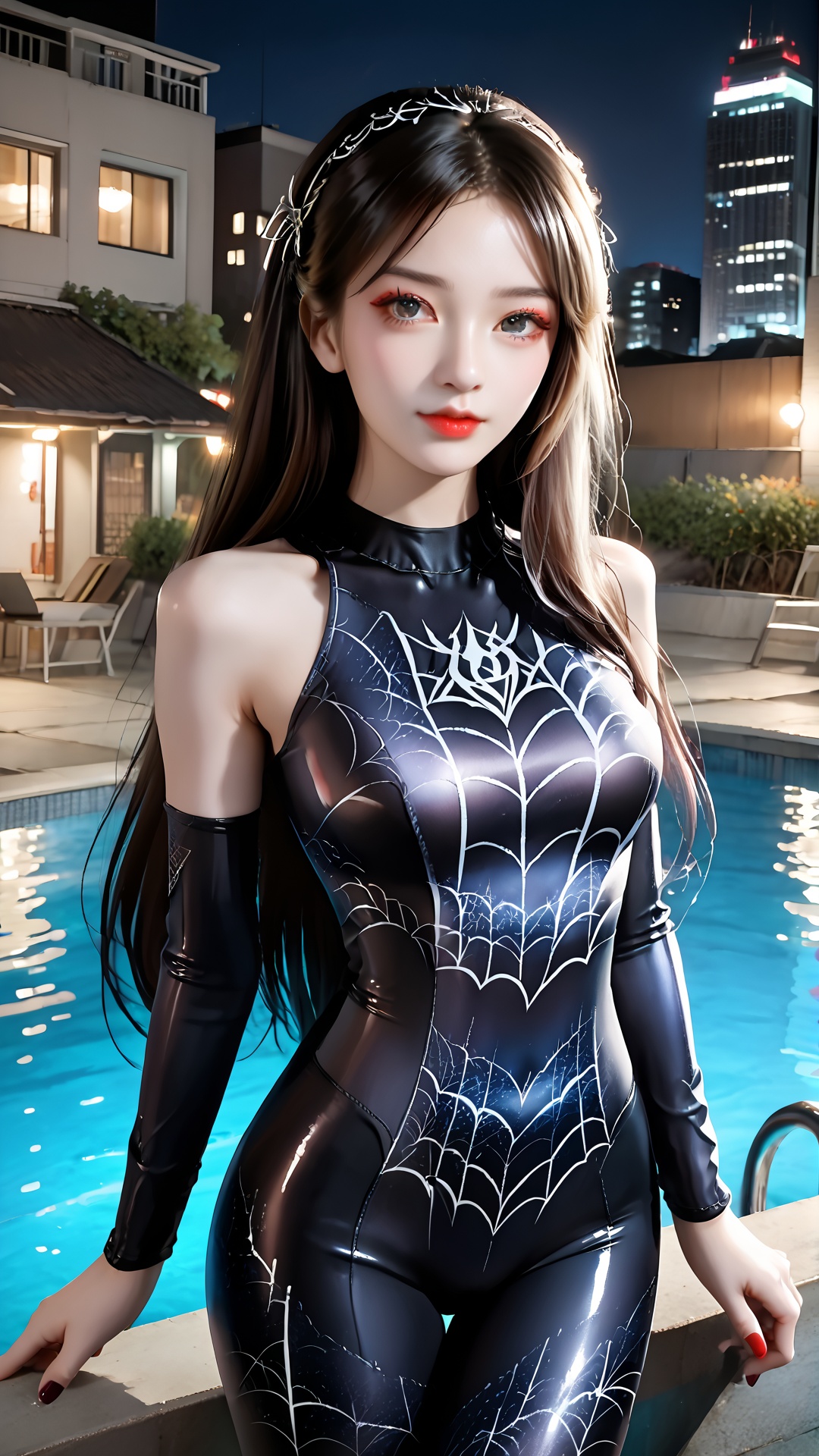 1girl, solo, bodysuit, spider web print, long hair, black hair, breasts, night, looking at viewer, medium breasts, outdoors, water, red lips, skin tight, hairband, realistic, pool, lips, makeup, sky, nail polish, city, building, standing, lipstick,<lora:pony宁荣荣-000008:0.8>,