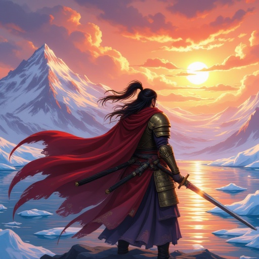 flowing with the wind. The sky is a vibrant mix of oranges,  gleaming golden armor that covers her torso,  metallic detail...