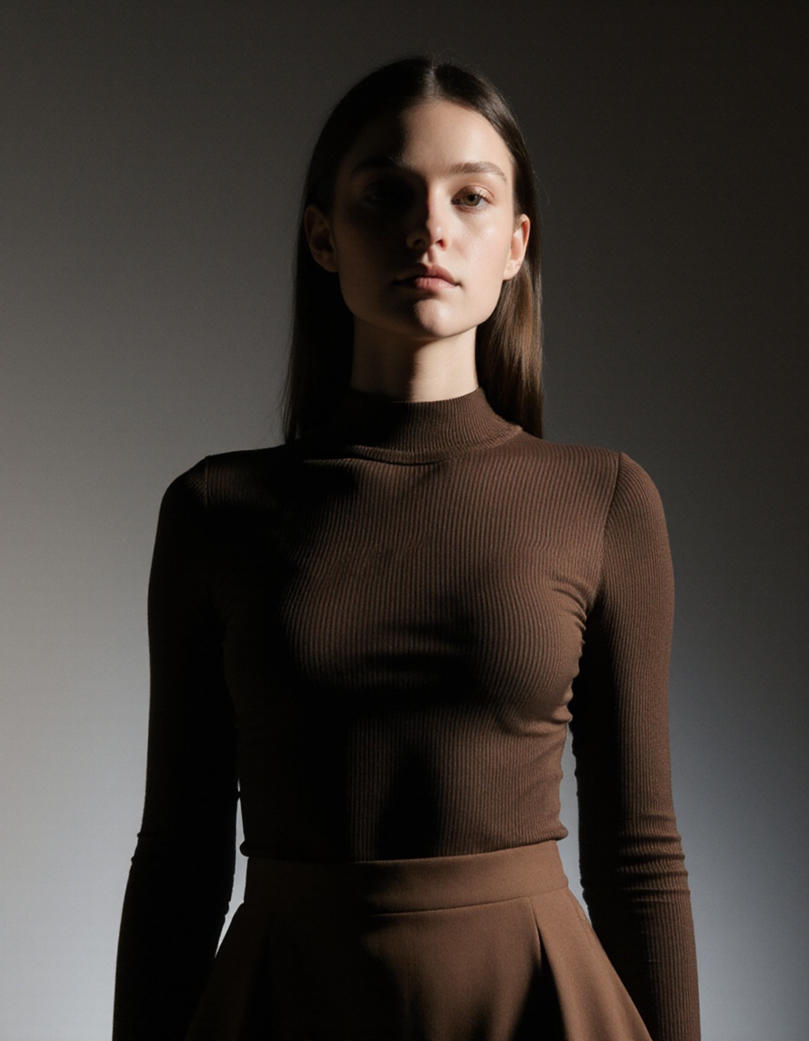 photography of a woman,  dressed in long-sleeve top,  ribbed texture on Tensor.Art