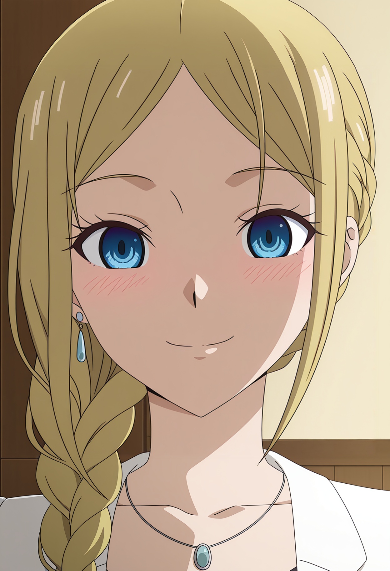 <lora:Ai HAYASAKA_illustrious-000018:1>,1girl,solo,Ai HAYASAKA,solo,jewelry,smile,looking at viewer,braid,anime coloring,earrings,necklace,closed mouth,blush,portrait,single braid,indoors,side braid,parody,parted bangs,anime screencap,