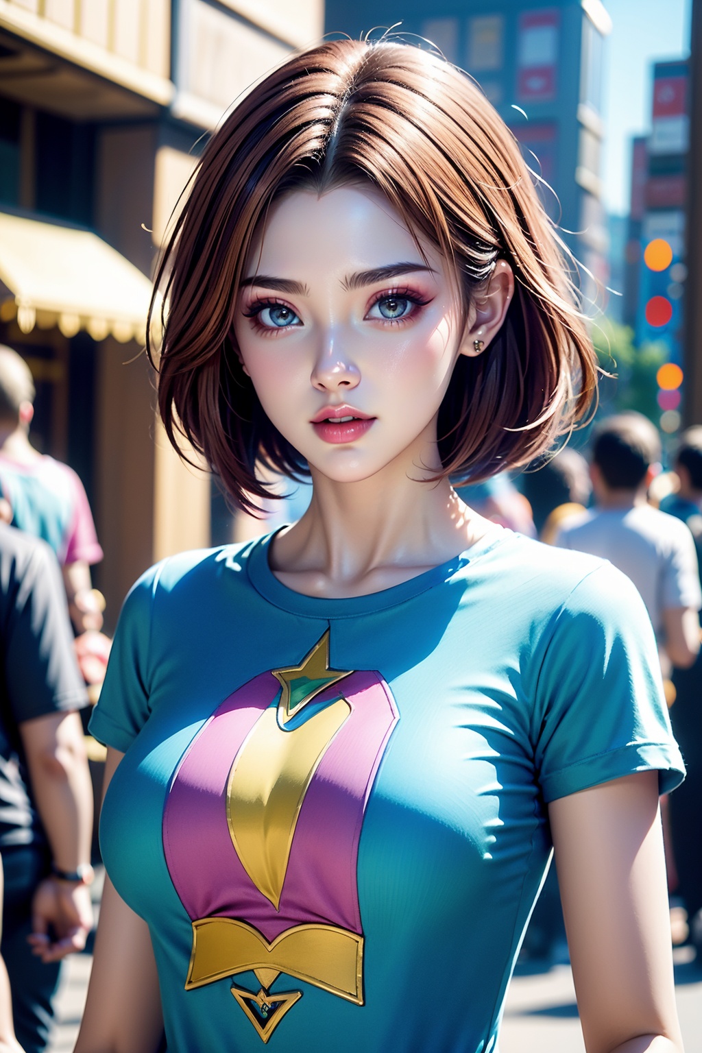 1girl,standing,upper body,(t-shirt:1.2),short hair,facial highlights,pure beauty,