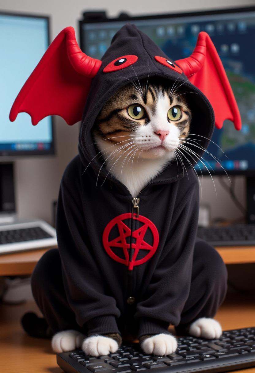 Photograph featuring a cat wearing a onesie with a hood designed to resemble a satanic demon,  sitting on a computer keybo...