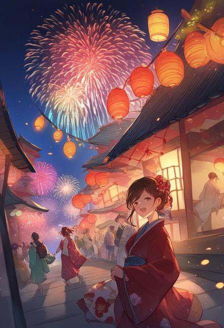 gb_style,  woman in a kimono walking at night in a japanese festival,  food stands on Tensor.Art