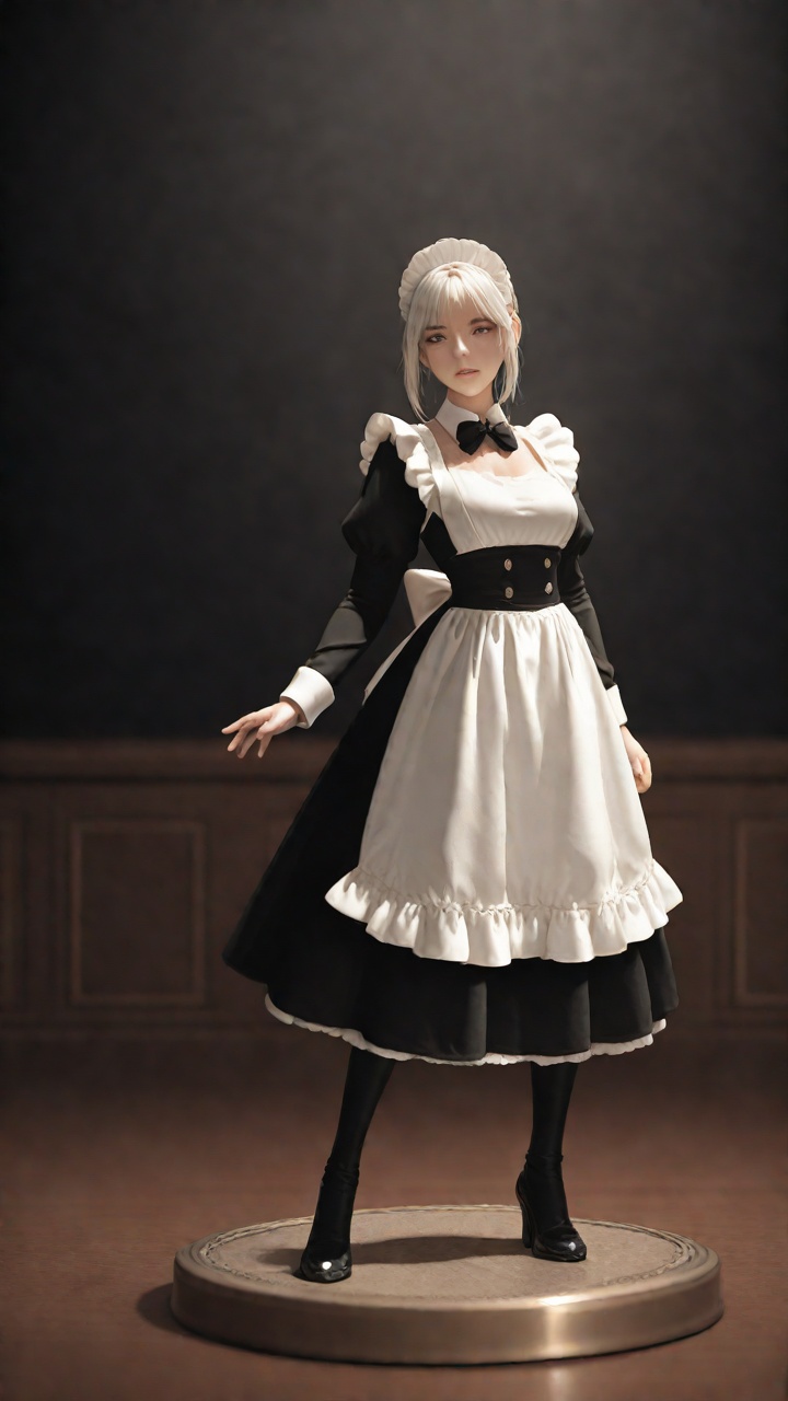An 8K image with ray-traced lighting. A woman stands in a dynamic pose,  wearing a black and white maid outfit with a blac...